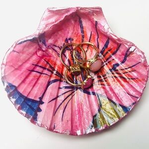 Handcrafted Scallop Shell Ring Dish W/ Hibiscus Flower Decoupage Design